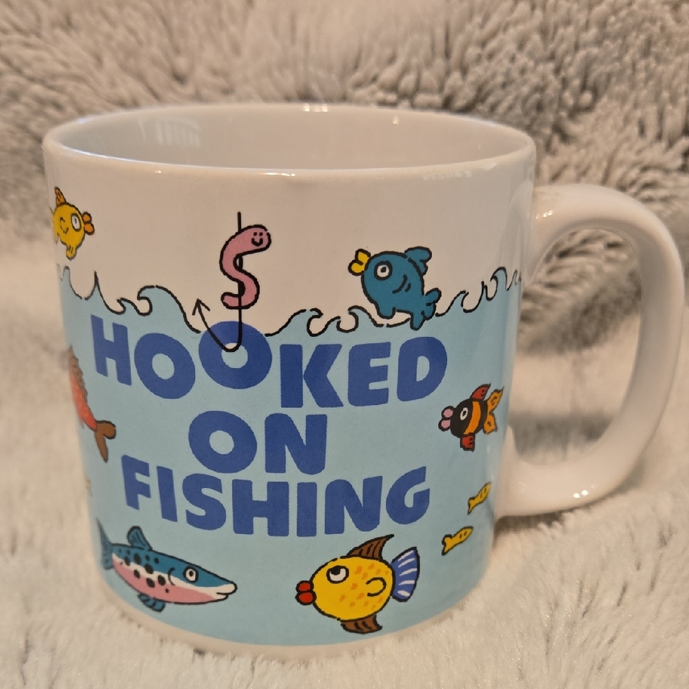 Hooked on Fishing Mug - Blue and White